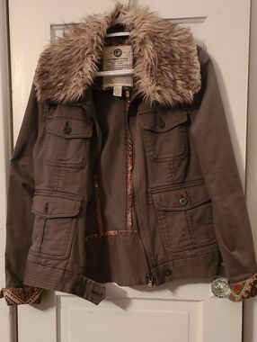 Lucky Brand Green Utility Denim Jacket with Removable Faux Fur Collar